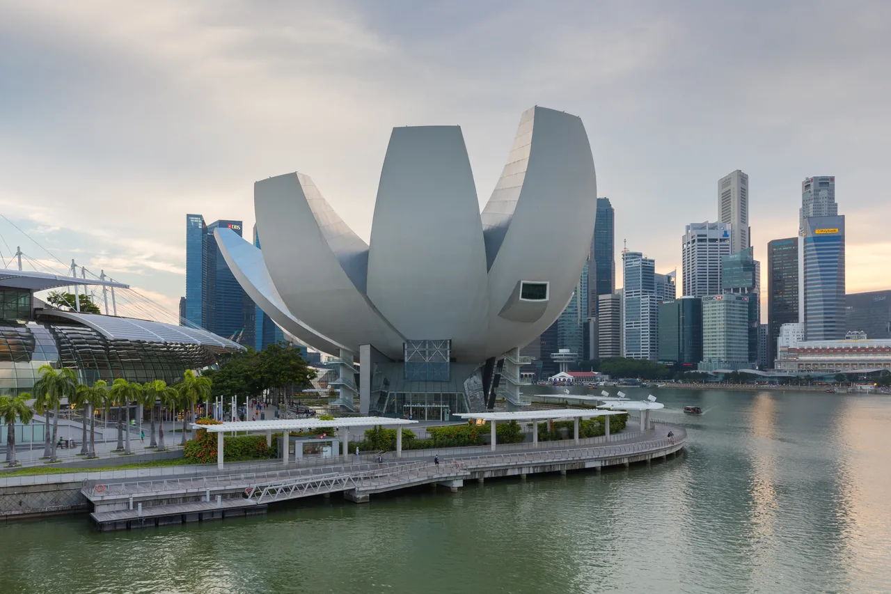 The lotus-shaped ArtScience Museum beside Marina Bay Sands and the Singapore skyline