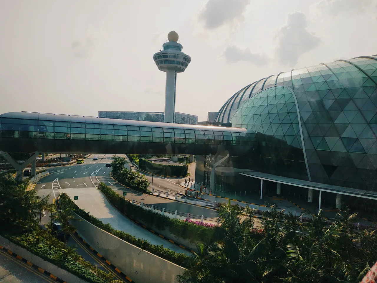 Jewel Changi Airport glass dome exterior at sunset, Singapore
