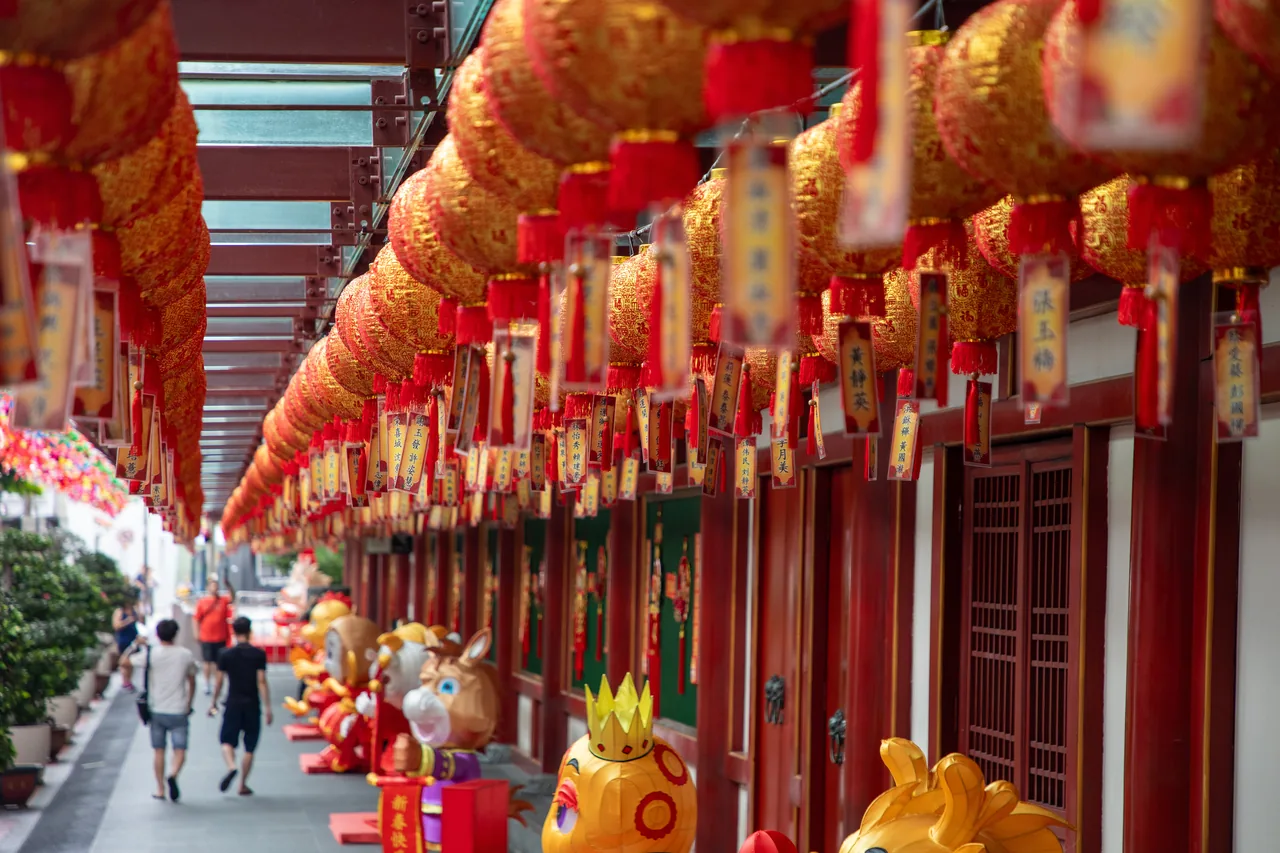 A traditional temple and red lanterns in Singapore's Chinatown A traditional temple and red lanterns in Singapore's Chinatown