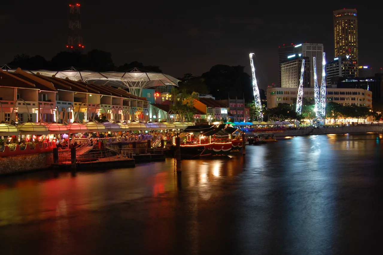 Restored riverside warehouses and restaurants along the Singapore River at Clarke Quay Restored riverside warehouses and restaurants along the Singapore River at Clarke Quay
