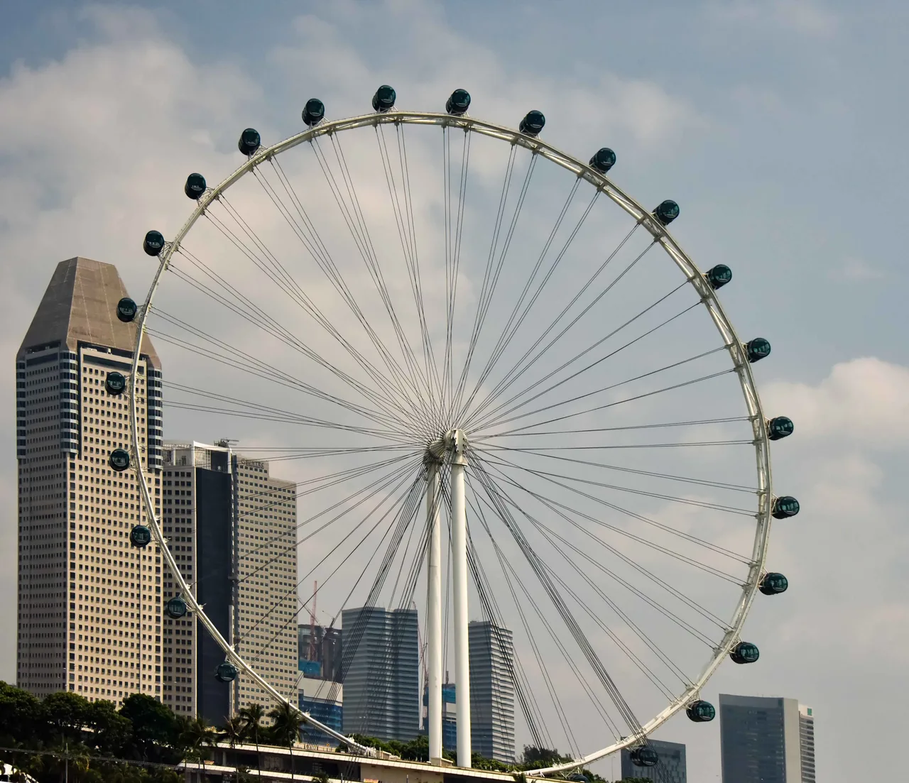 The full wheel of the Singapore Flyer with the city skyline behind it