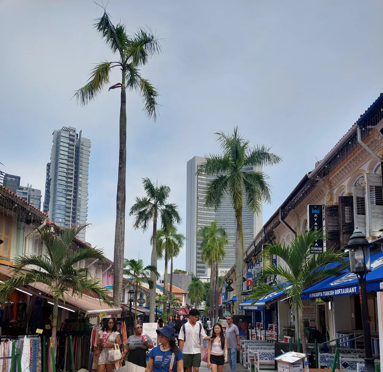 The shophouse-lined Haji Lane in Kampong Glam, Singapore, with palm trees and shoppers