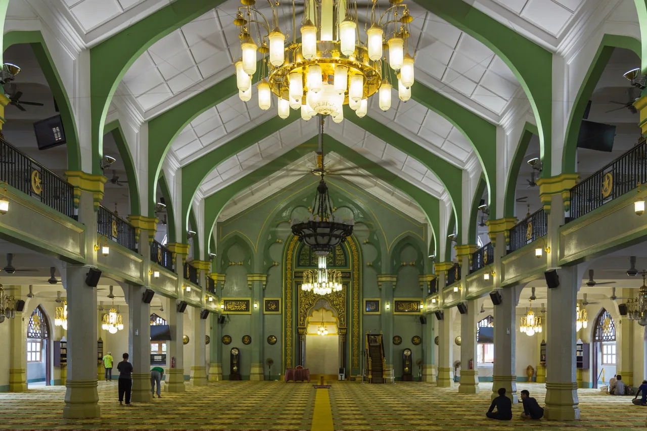 The ornate interior of the Sultan Mosque in the Kampong Glam heritage district, Singapore