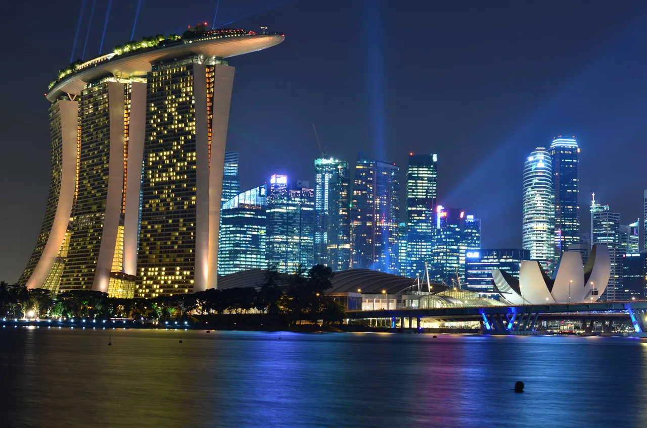 Marina Bay Sands and the Singapore skyline at night reflected in the water