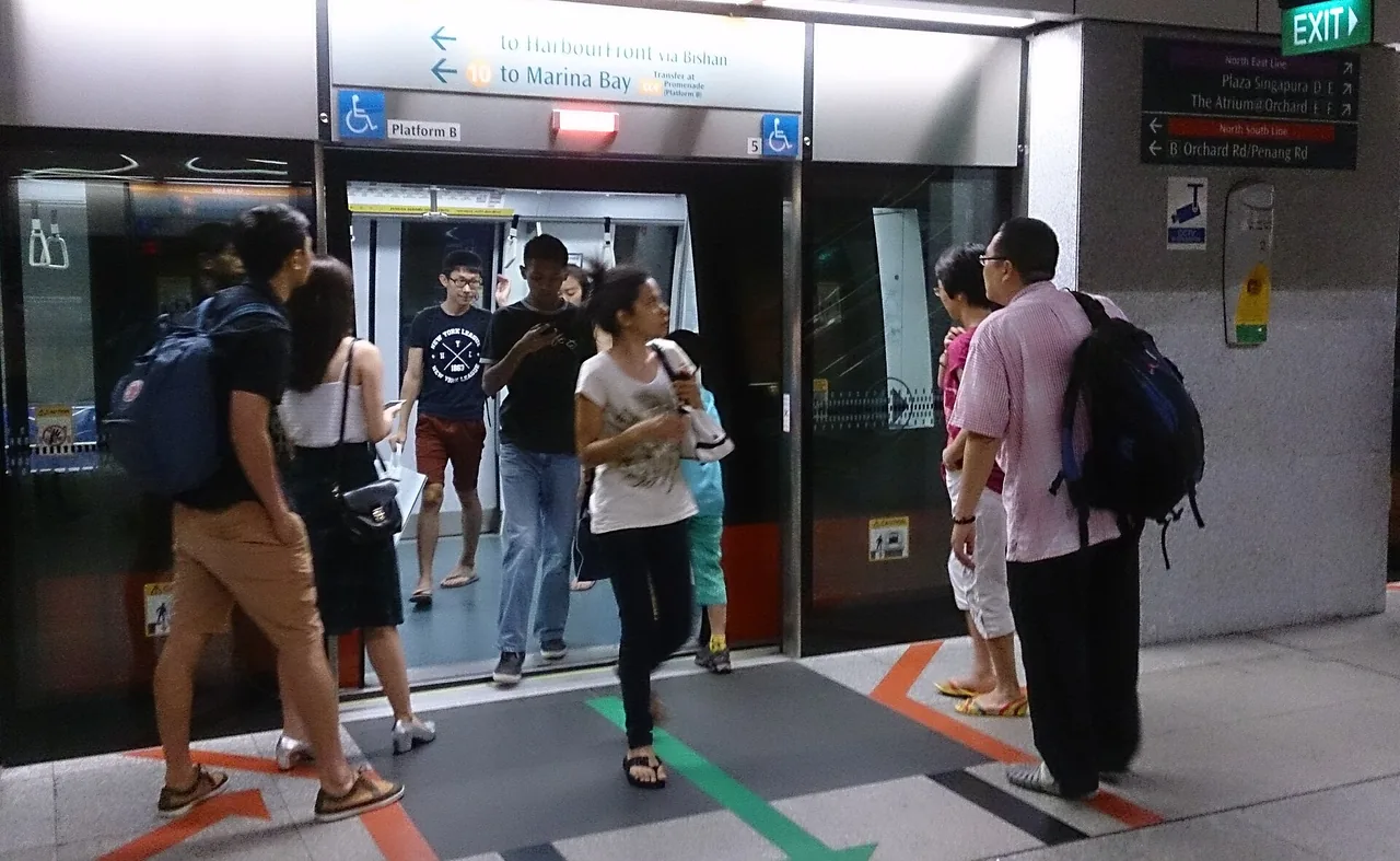 An MRT train at a station platform in Singapore