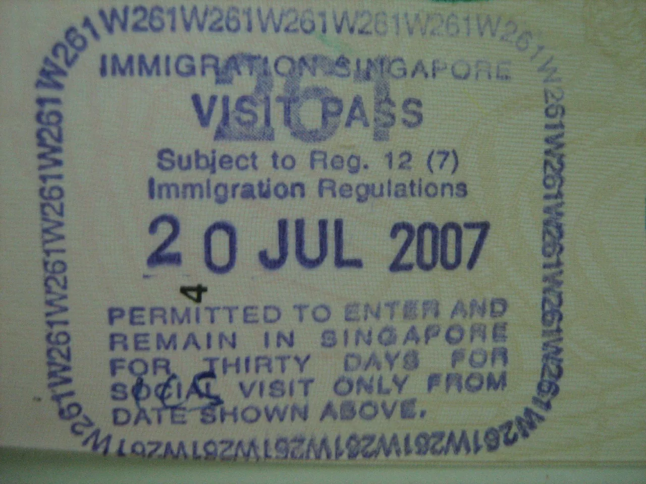 A Singapore visit pass ink stamp issued in 2007, before electronic visit passes replaced passport stamps A Singapore visit pass ink stamp issued in 2007, before electronic visit passes replaced passport stamps