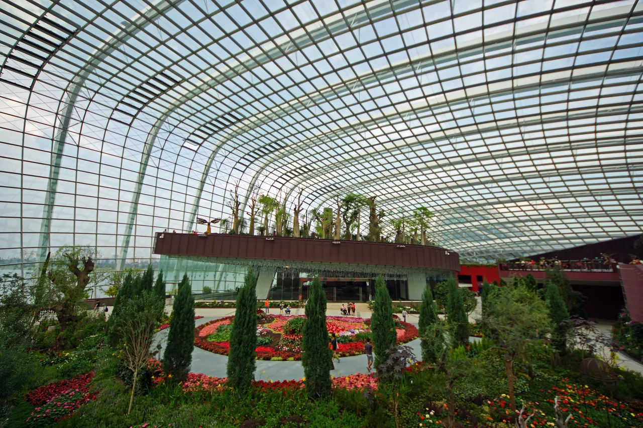Flower beds under the glass roof of the Flower Dome conservatory at Gardens by the Bay