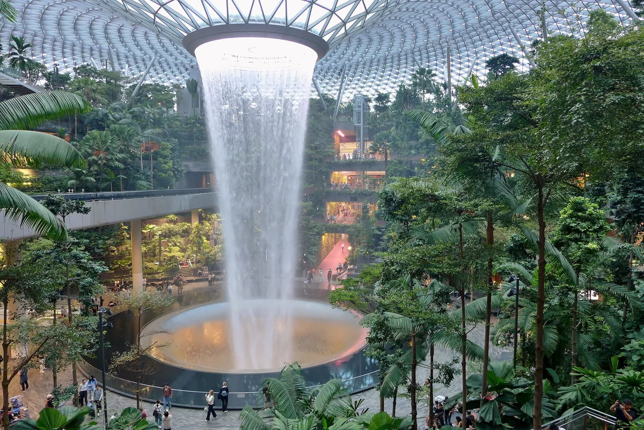 The Rain Vortex indoor waterfall inside Jewel Changi Airport, home to YOTELAIR's landside transit hotel The Rain Vortex indoor waterfall inside Jewel Changi Airport, home to YOTELAIR's landside transit hotel