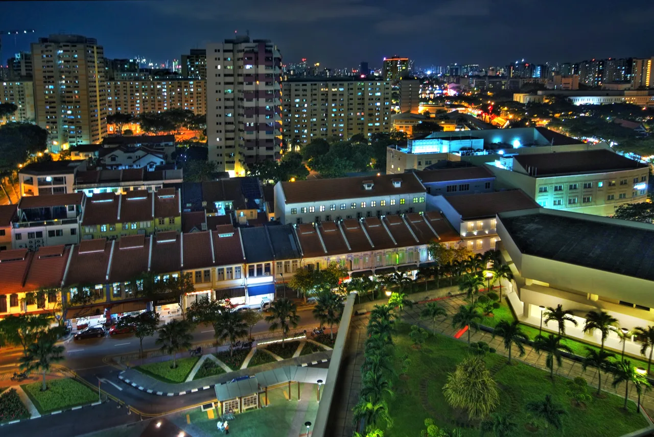 Joo Chiat Road at night seen from above, with lit shophouse roofs on one side and housing blocks behind Joo Chiat Road at night seen from above, with lit shophouse roofs on one side and housing blocks behind