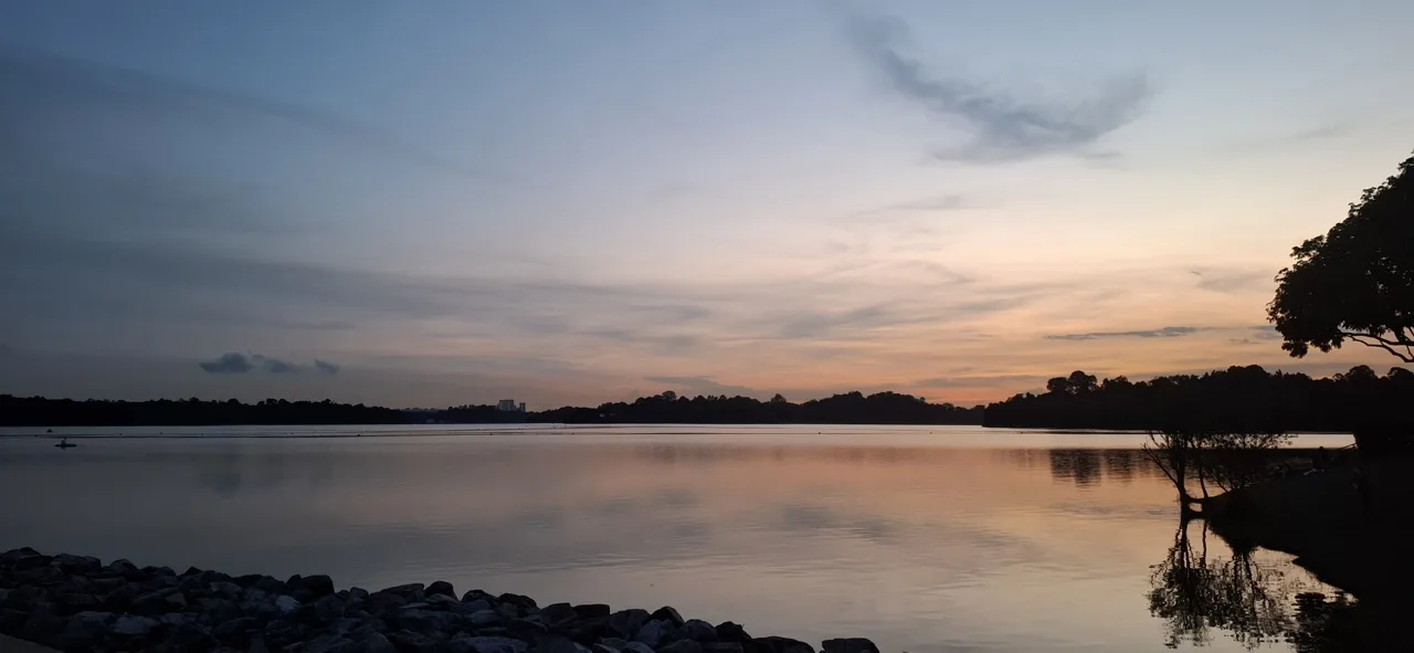 Upper Seletar Reservoir at dusk, with still water reaching a low tree line under a pale sky