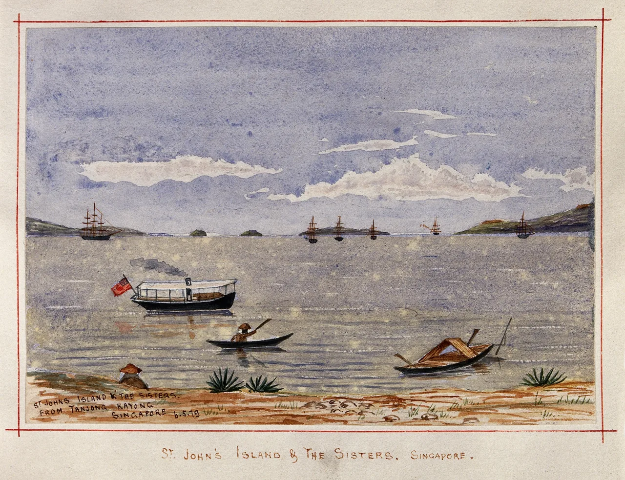 1879년 탄종카통 쪽에서 바다 건너 세인트존스 섬과 시스터즈 섬을 바라본 수채화. 돛배와 작은 배들이 정박해 있고 앞쪽에 모래밭이 있습니다