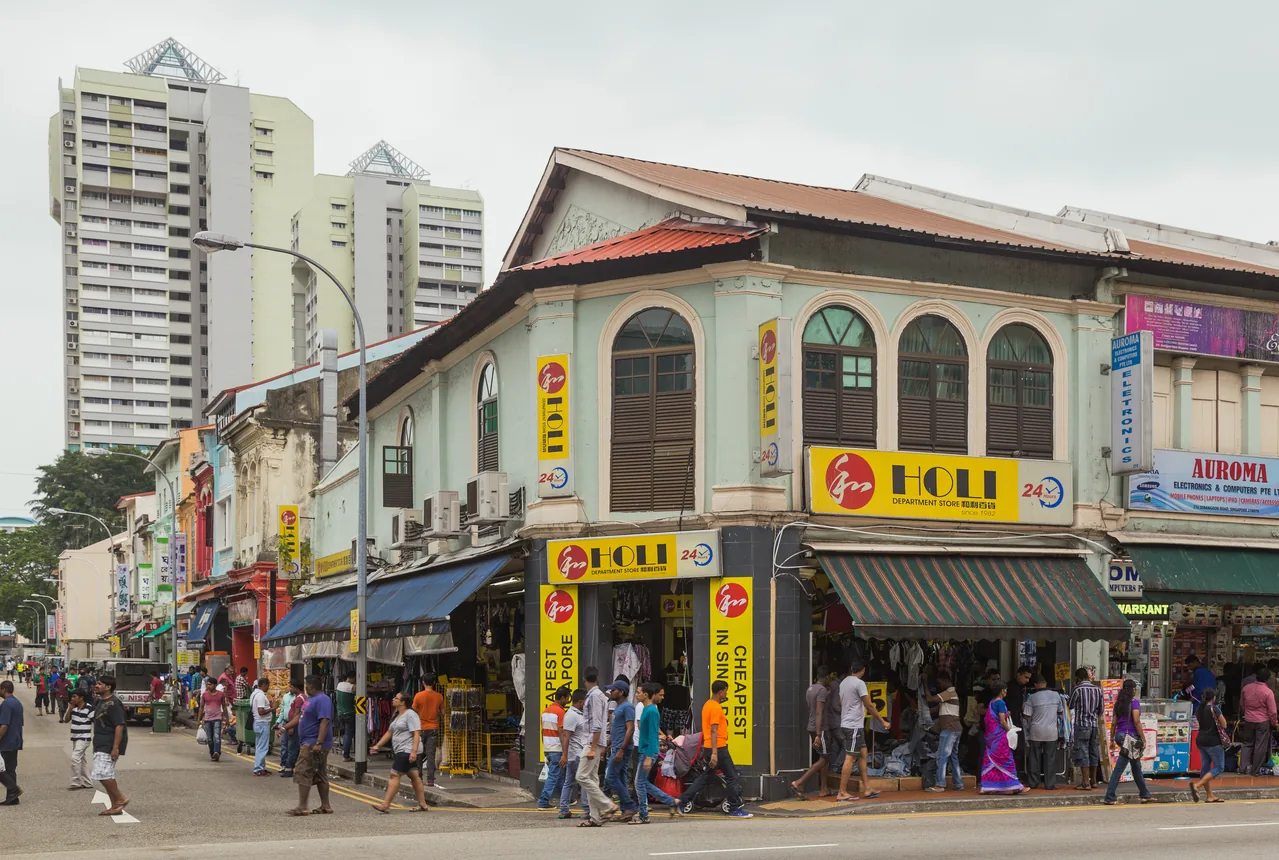 Shophouses and signboards along Serangoon Road in Little India, Singapore