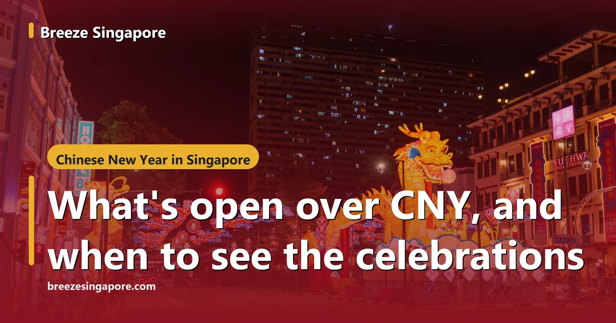 A giant golden dragon lantern on New Bridge Road in Chinatown at night, with neon dragon arches over the road