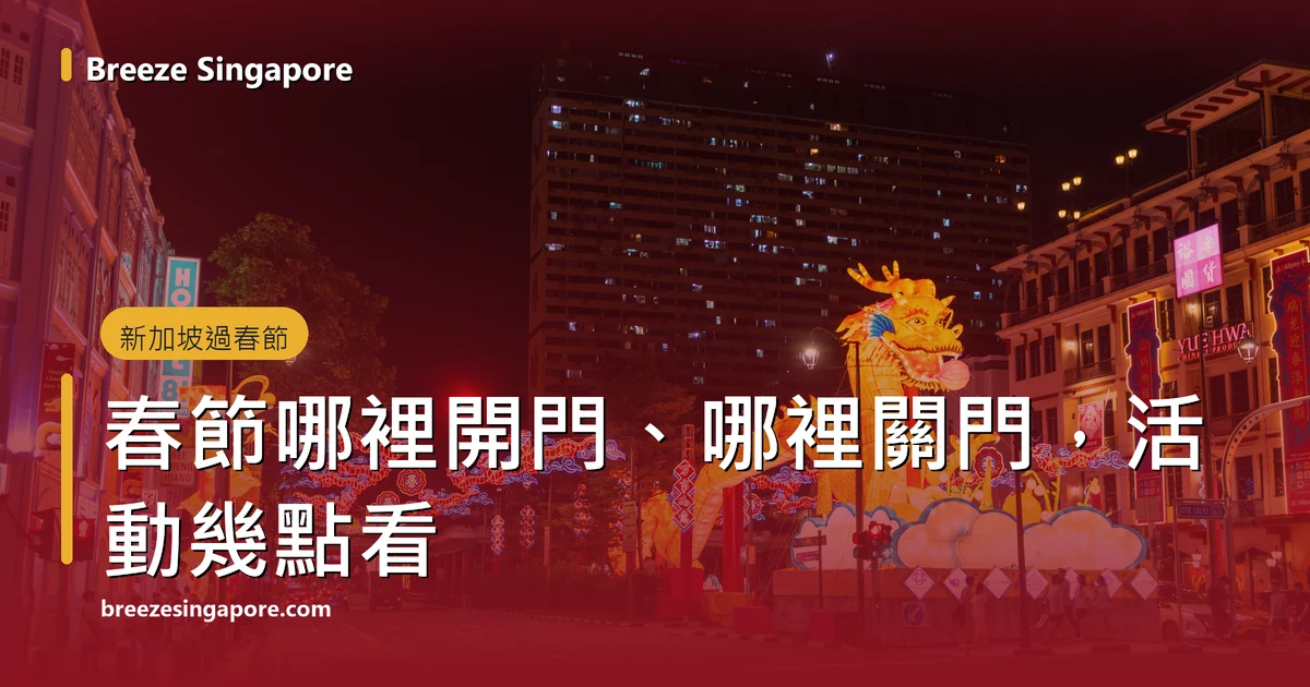 夜晚的牛車水橋南路，路口金色巨龍花燈和馬路上空的霓虹龍形拱門
