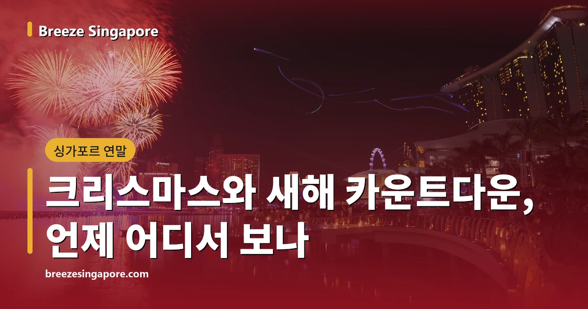 자정 직후 마리나베이 하늘에 터지는 새해 불꽃과 물 건너편의 마리나 베이 샌즈, 싱가포르 플라이어
