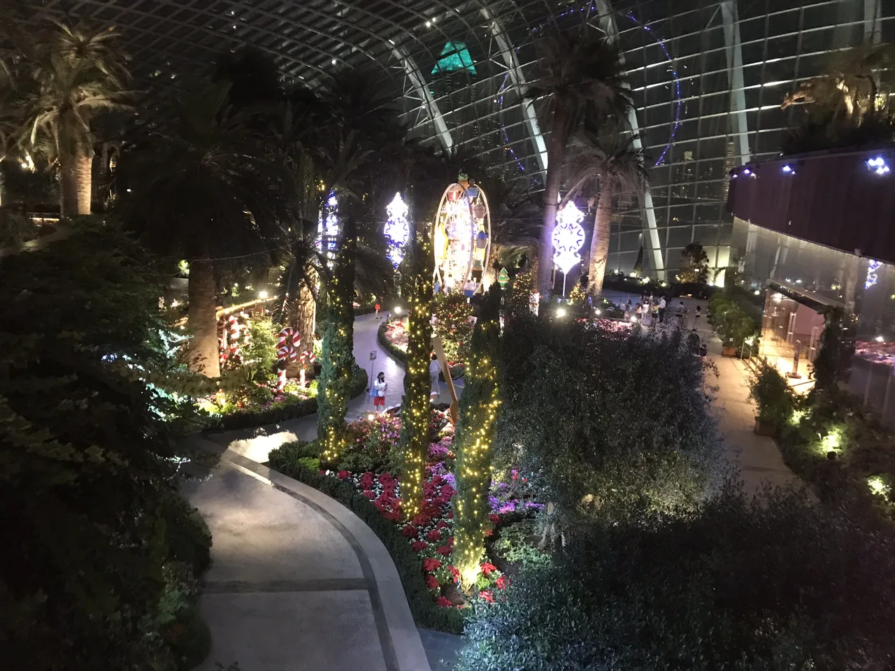 Glowing decorative sculptures and flowers along a path under the glass roof of the Flower Dome at night.